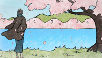 小城公園の桜を眺める男の後ろ姿